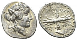 Caria, Myndus Hemidrachm II-I century, AR 15mm., 2.22g. Head of young Dionysus r., wearing mitre and wreathed with ivy. Rev. Horizontal winged thunder...