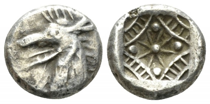 Caria, Uncertain mint Tetrobol circa 510-490, AR 13mm., 2.08g. Head of griffin l...