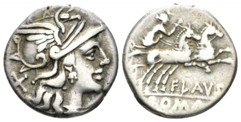 Decimius Flavus. Denarius circa 150, AR 17.5mm., 3.39g. Helmeted head of Roma r....