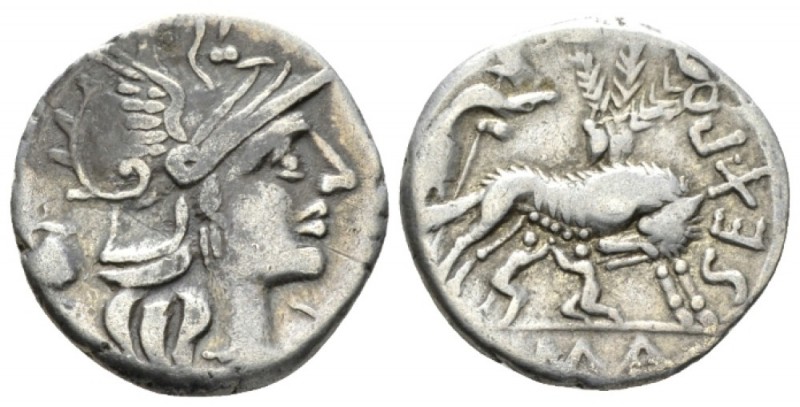 Sex. Pompeius. Denarius circa 137, AR 18.5mm., 3.67g. Helmeted head of Roma r.; ...