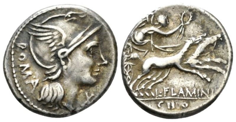 L. Flaminius Chilo. Denarius 109 or 108, AR 19mm., 3.91g. Helmeted head of Roma ...