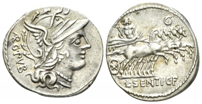 L. Sentius C. f. Denarius circa 101, AR 31.5mm., 3.95g. Helmeted head of Roma r....