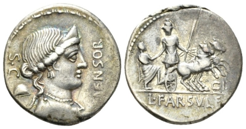 L. Farsuleius Mensor Denarius circa 75, AR 18.5mm., 3.93g. MENSOR Diademed and d...