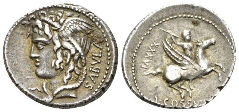 L. Cossutius C. f. Sabula Denarius circa 74, AR 19.5mm., 4.00g. SABVLA Head of M...