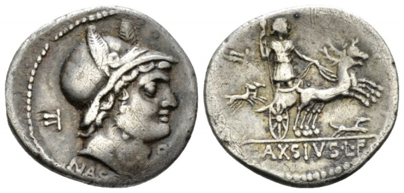 L. Axsius L.f. Naso. Denarius circa 71, AR 19.5mm., 3.88g. Head of Mars r., wear...