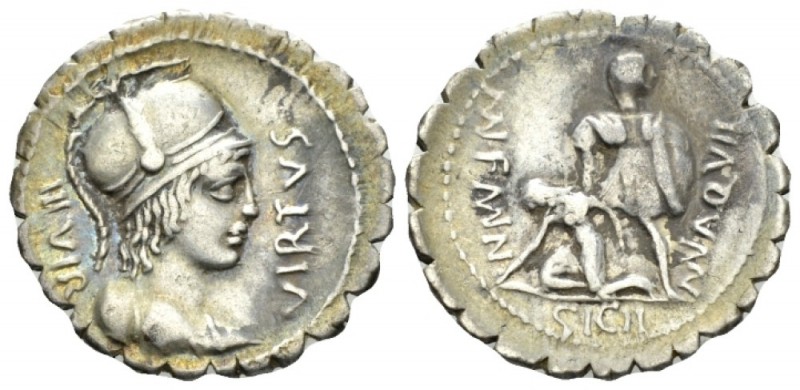 Mn. Aquillius. Denarius serratus circa 71, AR 21.5mm., 3.85g. VIRTVS – III VIR H...