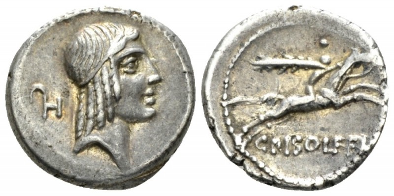 C. Calpurnius L.f. Frugi. Denarius circa 67, AR 18mm., 3.80g. Laureate head of A...