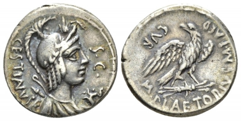 M. Plaetorius M.f. Caestianus. Denarius circa 67, AR 17.5mm., 3.96g. Bust r. wit...