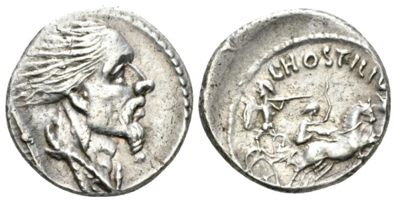 L. Hostilius Saserna. Denarius circa 48, AR 18.5mm., 3.95g. Bearded male head r....