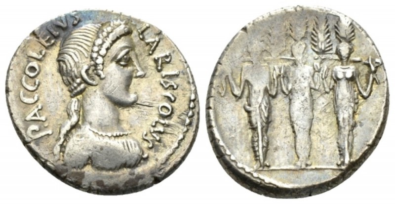 P. Accoleius Lariscolus. Denarius circa 41, AR 18.5mm., 3.89g. P.ACCOLEIVS – LAR...