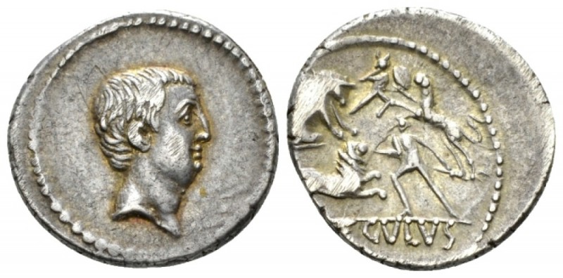 L. Livineius Regulus. Denarius circa 42, AR 18.5mm., 3.72g. Head of the praetor ...