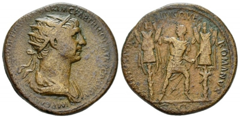 Trajan, 98-117 Dupondius circa 116-117, Æ 27mm., 12.94g. Radiate and draped bust...