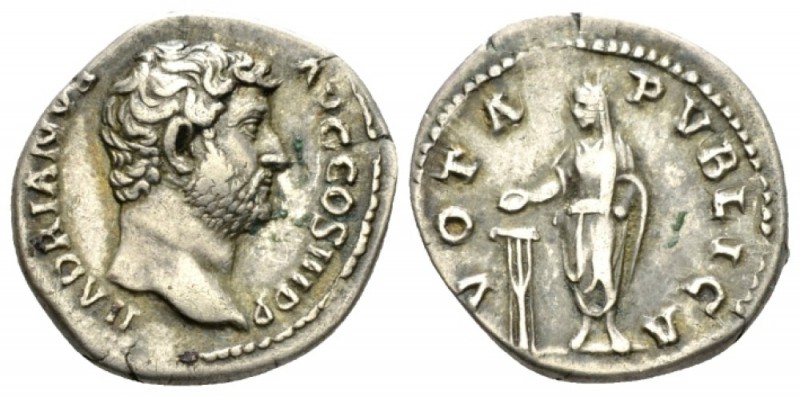 Hadrian, 117-138 Denarius circa 134-138, AR 18.5mm., 3.29g. Bare head r. Rev. Ha...