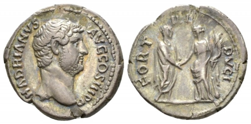 Hadrian, 117-138 Denarius circa 134-138, AR 18.5mm., 3.39g. Bare-head r. Rev. Fo...