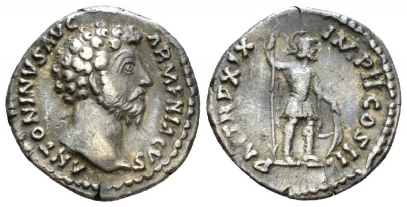 Marcus Aurelius, 161-180 Denarius circa 164-165, AR 18mm., 3.30g. Bare head r. R...