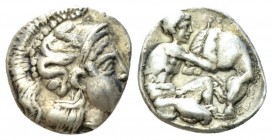 Calabria, Tarentum Diobol circa 380-325, AR 12mm., 1.13g. Head of Athena r., wearing crested helmet decorated with hippocamp. Rev. Herakles kneeling r...