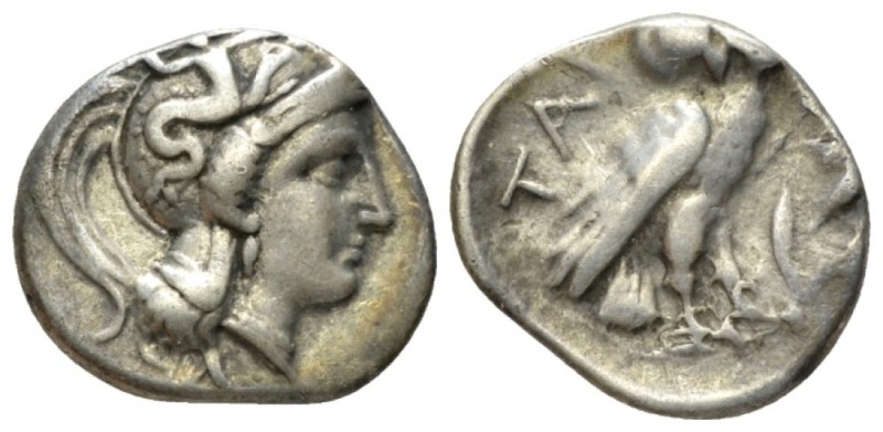 Calabria, Tarentum Drachm circa 302-280, AR 16mm., 3.18g. Head of Athena r., wea...