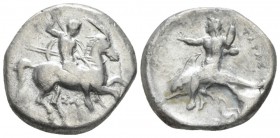 Calabria, Tarentum Nomos circa 290-281, AR 21mm., 7.83g. Horseman r., spearing downward with r. hand and holding shield and two more spears with l.; b...