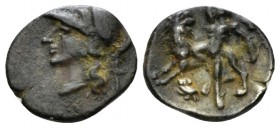 Calabria, Tarentum Diobol circa 280-228, AR 12mm., 0.94g. Head of Athena l., wearing Corinthian helmet. Rev. Herakles, raising club overhead, with kne...