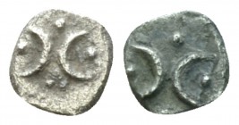 Calabria, Tarentum Hemiobol circa 280-228, AR 5.5mm., 0.16g. Two crescents back to back, 3 pellets visible. Rev. Two crescents back to back, 4 pellets...