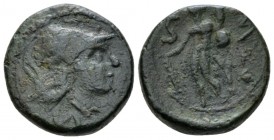 Calabria, Uxentum Semis circa 125-90, Æ 17.5mm., 5.91g. Helmeted head of Athena r., serpent on bowl. Rev. Herakles standing facing, head l., holding c...