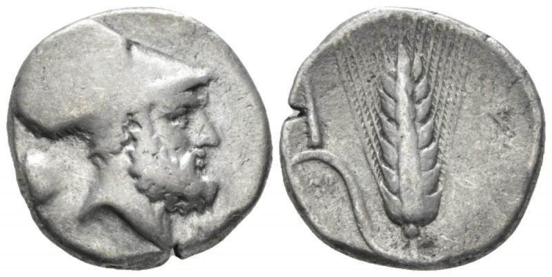 Lucania, Metapontum Nomos circa 340-330, AR 20mm., 7.75g. Helmeted head of Leuki...