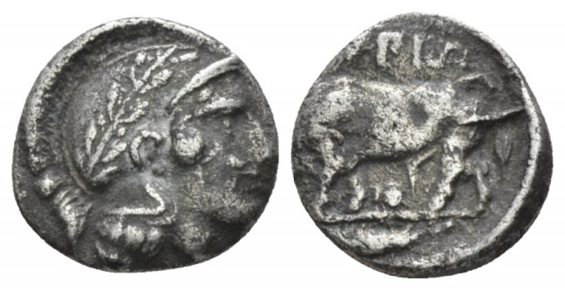 Lucania, Thurium Triobol circa 443-400, AR 11.5mm., 1.08g. Helmeted head of Athe...