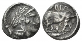 Lucania, Thurium Triobol circa 443-400, AR 11.5mm., 1.08g. Helmeted head of Athena r., helmet decorated with wreath. Rev. Bull standing l.; in exergue...