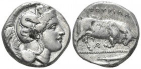 Lucania, Thurium Di-Nomos circa 350-300, AR 25.5mm., 15.88g. Head of Athena r., wearing crested Attic helmet decorated with Skylla holding trident. Re...