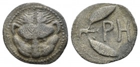 Bruttium, Rhegium Litra circa 425-420, AR 12mm., 0.57g. Lion mask facing. Rev. Olive sprig. Historia Numorum Italy 2492.

Toned, some porosity, othe...