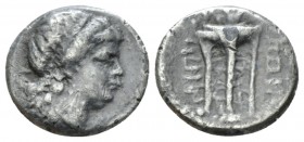 Bruttium, Rhegium Sixth of nomos circa 280-260, AR 13.5mm., 1.64g. Laureate head of Apollo r. Rev. Tripod. Historia Numorum Italy –, cf. 2511 but head...