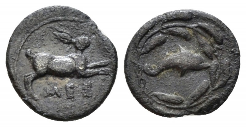 Sicily, Messana Litra circa 425-421, AR 11mm., 0.46g. Hare springing r. Rev. Dol...