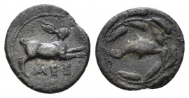 Sicily, Messana Litra circa 425-421, AR 11mm., 0.46g. Hare springing r. Rev. Dolphin r. within wreath

Olda cbinet tone, Very Fine.

From the E.E....