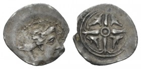 Sicily, Syracuse Litra circa 405-395, AR 8mm., 0.22g. Head of Arethusa r. Rev. Four dolphins within wheel. SNG Copnehagen –. SNG ANS –.
 
 Apparntly...