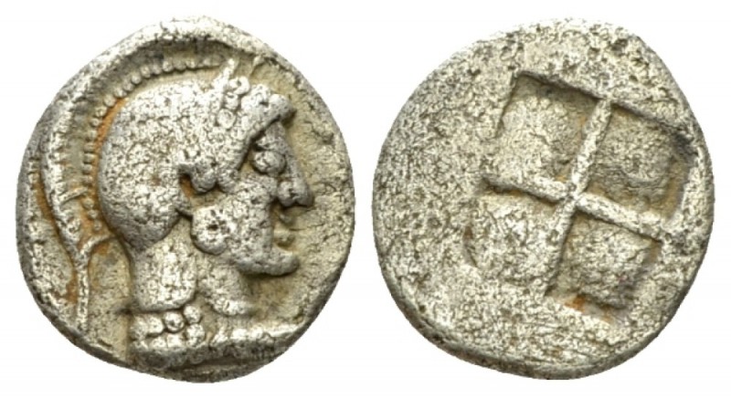 Macedonia, Acanthos Diobol circa 500-470, AR 11mm., 1.06g. Helmeted head of Athe...