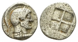 Macedonia, Acanthos Diobol circa 500-470, AR 11mm., 1.06g. Helmeted head of Athena r. Rev. Quadripartite incuse square. AMNG III/2, 19. HGC 3.1, 389
...