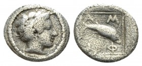 Macedonia, Amphipolis Obol circa 420-357, AR 8.5mm., 0.37g. Diademed head of Apollo r. Rev. Dolphin within incuse square. BMC 10. SNG Copenhagen 41. S...