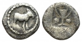 Macedonia, Mende Hemiobol circa 460-423, AR 9.5mm., 0.61g. Ass standing r. Rev. Kantharos. SNG ANS 360

Toned, Very Fine/About Very Fine.

From th...