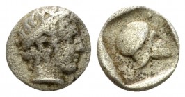 Macedonia, Scione Hemiobol circa 440, AR 8mm., 0.38g. Macedonia. Scione Hemiobol circa 440 BC, AR 7mm, 0.38g. Head of youth r., wearing fillet. Rev. C...