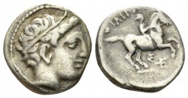 Kingdom of Macedon, Philip II, 359 – 336 Amphipolis 1/5 tetradrachm circa 323-315, AR 14.5mm., 2.49g. Head of Apollo r., wearing tainia. Rev. Horseman...