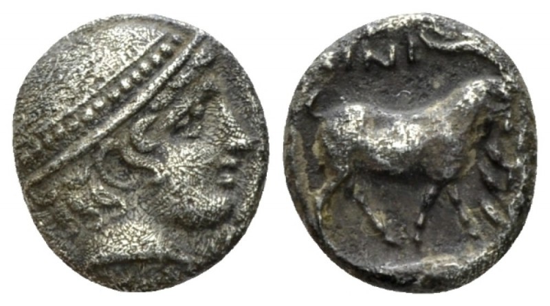 Thrace, Aenus Diobol circa 427-424, AR 11mm., 1.19g. Head of Hermes r. Rev. Goat...