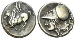 Acarnania, Thyrrheion Stater circa 350-295, AR 21.5mm., 8.26g. Pegasos flying l. Rev. Head of Athena l., wearing Corinthian helmet; pendant earring be...