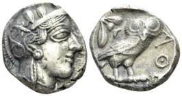 Attica, Athens Tetradrachm after 449, AR 22mm., 16.79g. Head of Athena r., wearing Attic helmet decorated with olive leaves and palmette. Rev. Owl sta...