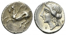 Corinthia, Corinth Drachm circa 350-300, AR 15mm., 2.62g. Pegasus flying l. Rev. Head of nymph l. BCD Corinth –. SNG Copenhagen 147.

Old cabinet to...