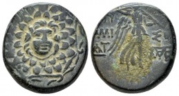 Pontus, Amisus Bronze circa 108-85, Æ 21mm., 8.47g. Gorgoneion. Rev. Nike advancing l., holding palm branch. SNG BM Black Sea1187.

Dark green patin...