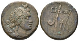 Pontus, Panticapeum Bronze circa I cent. BC, Æ 26mm., 16.97g. Head of Dionysus r., wearing wreath of ivy. Rev. Bowcase; monogram in l. field. SNG BM B...