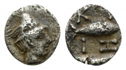 Mysia, Cyzicus Hemiobol circa 450-400, AR 7mm., 0.25g. Mysia, Cyzicus Hemiobol circa 450-400 BC, AR 6mm, 0.25g. Head of Hermes r., wearing winged conc...