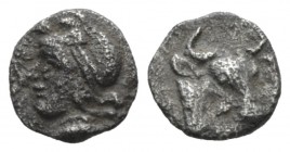 Mysia, Cyzicus Hemiobol circa 410-400, AR 7mm., 0.31g. Head of Attis l., wearing Phrygian cap. Rev. Head of bull facing slightly r. Klein 268. Von Fri...