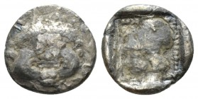 Lesbos, Methymna Diobol circa 500-480/460, AR 11mm., 1.12g. Facing gorgoneion. Rev: Helmeted head of Athena l. within pelleted linear border within in...