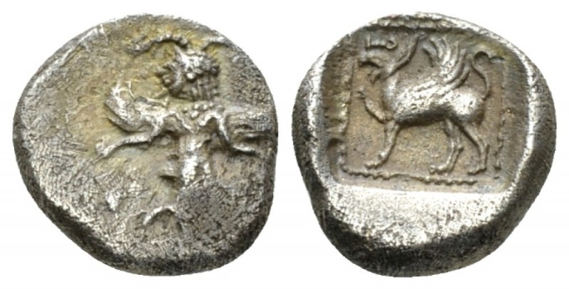 Caria, Kaunos Hemidrachm circa 490-470, AR 11mm., 1.44g. Winged female figure ru...
